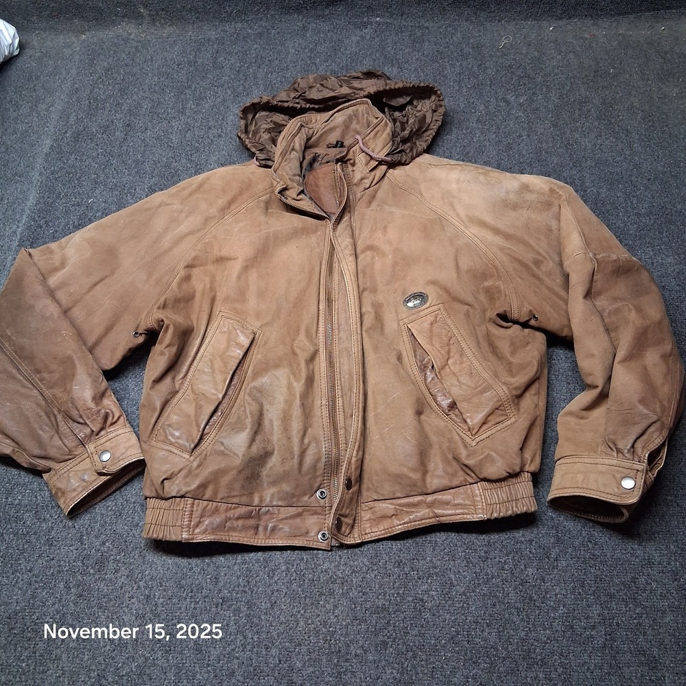 Vintage Hunting Horn Classics Brown Soft Leather Jacket Size XL Lined‎ Hooded